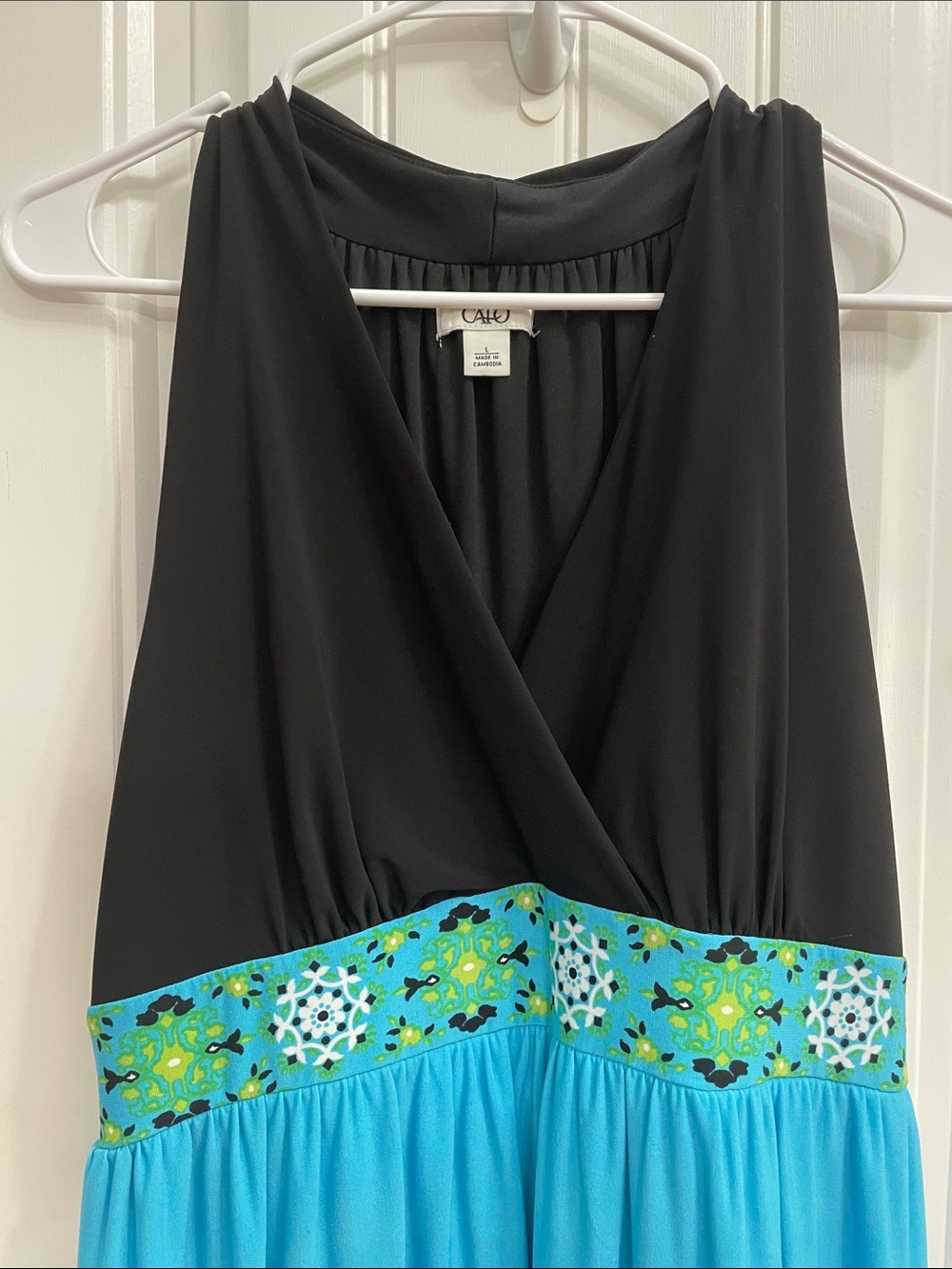 CATO Black and Turquoise Floral Print Empire Waist Maxi Dress Size L - Picture 3 of 7